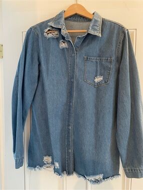 Amazon Distressed Light Blue Denim Button-Down Shirt